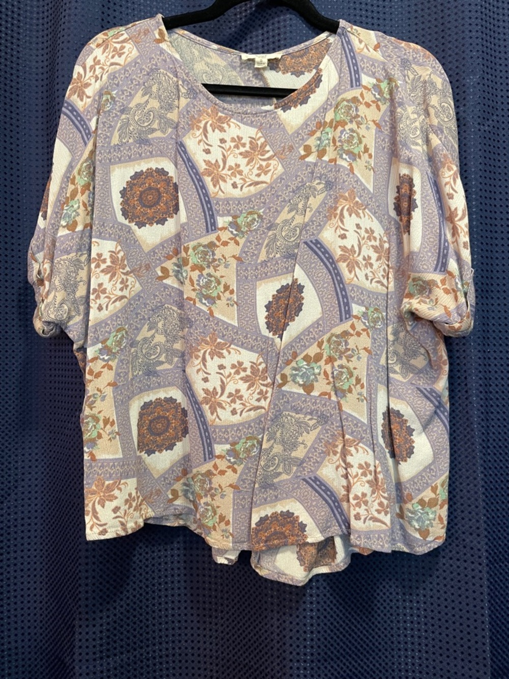 Patchwork Floral Short Sleeve Blouse in Lavender & Cream